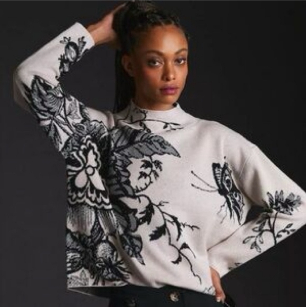 Maeve Beige and Black Floral Sweater
